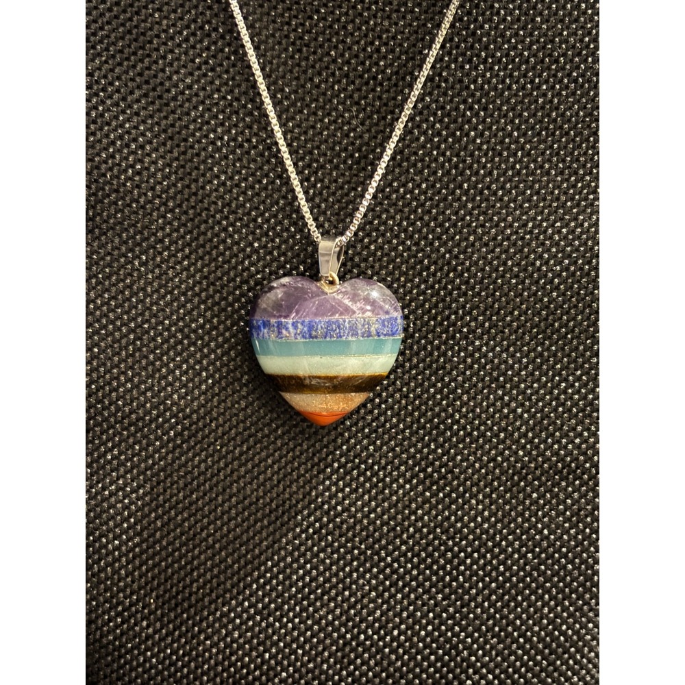 7 Chakra Natural Stone Heart Pendant Necklace Stainless Steel Box Chain 22in